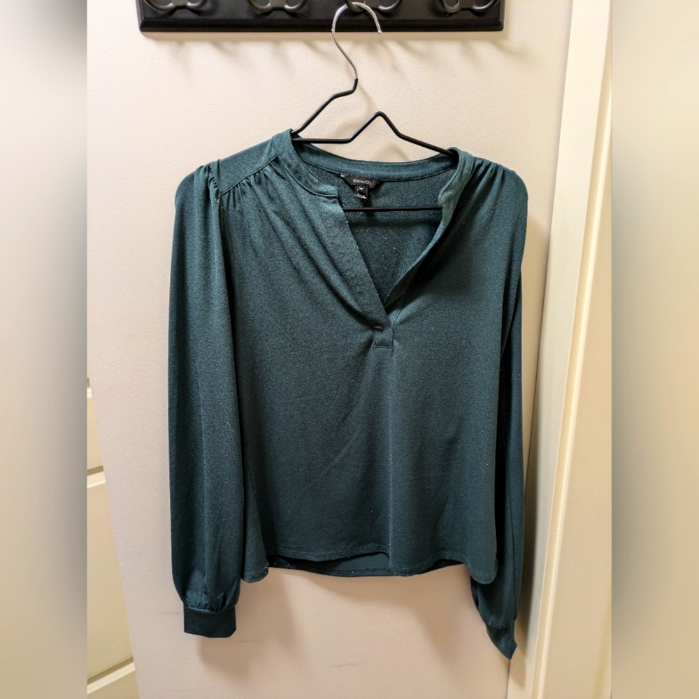 RW&Co Long Sleeve Split-Neck Top in Dark Teal